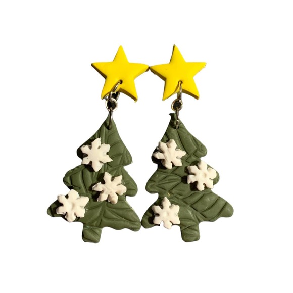 Christmas Tree with Snowflake Stud Earrings - Handmade, Polymer Clay - Picture 2 of 5